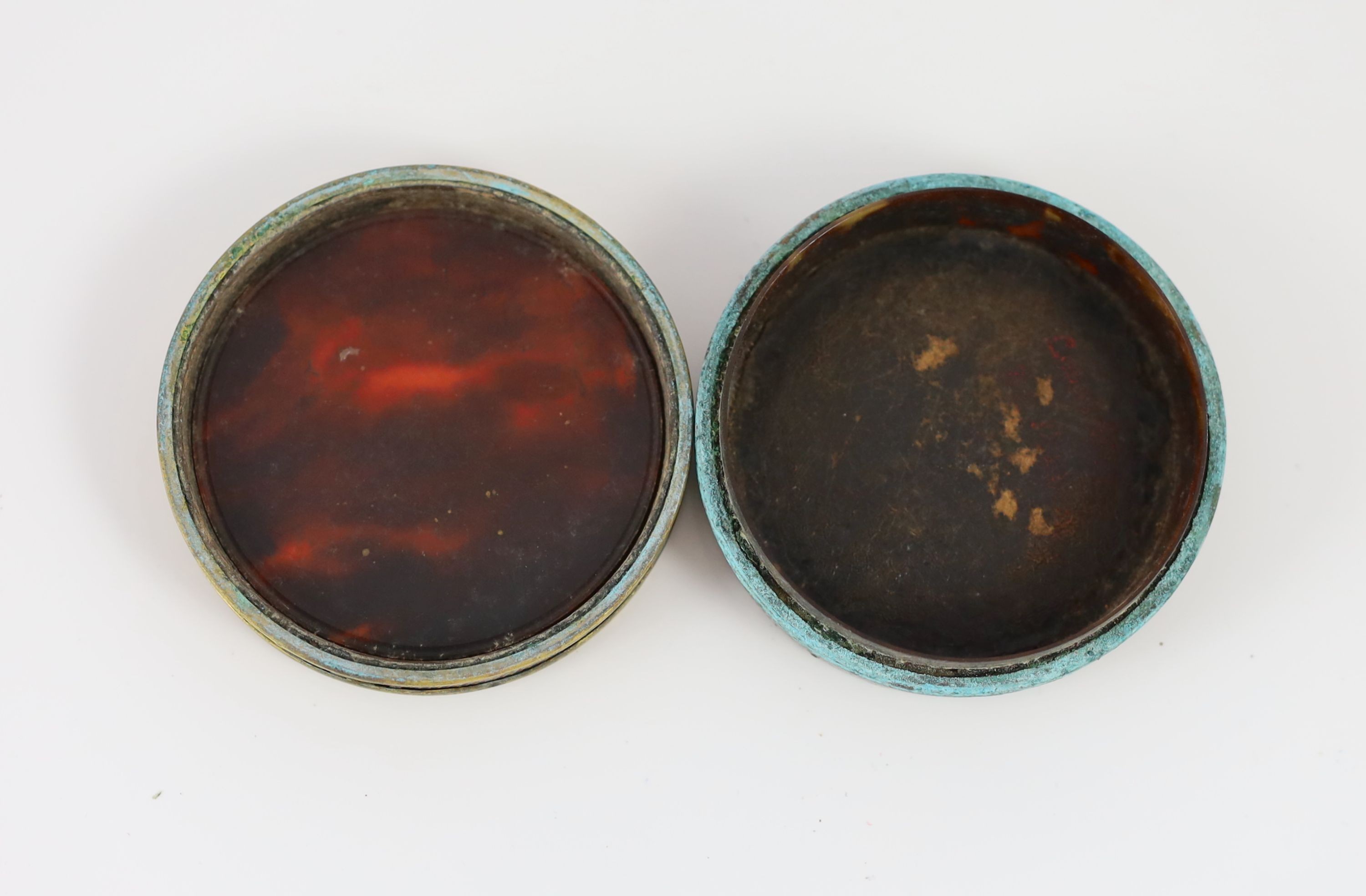 A late 18th century tortoiseshell poudre d'écaille box, the cover inset with two portraits of young ladies, below a monogram ‘JC’ with coronet, mounted in gilt metal 8cm diameter